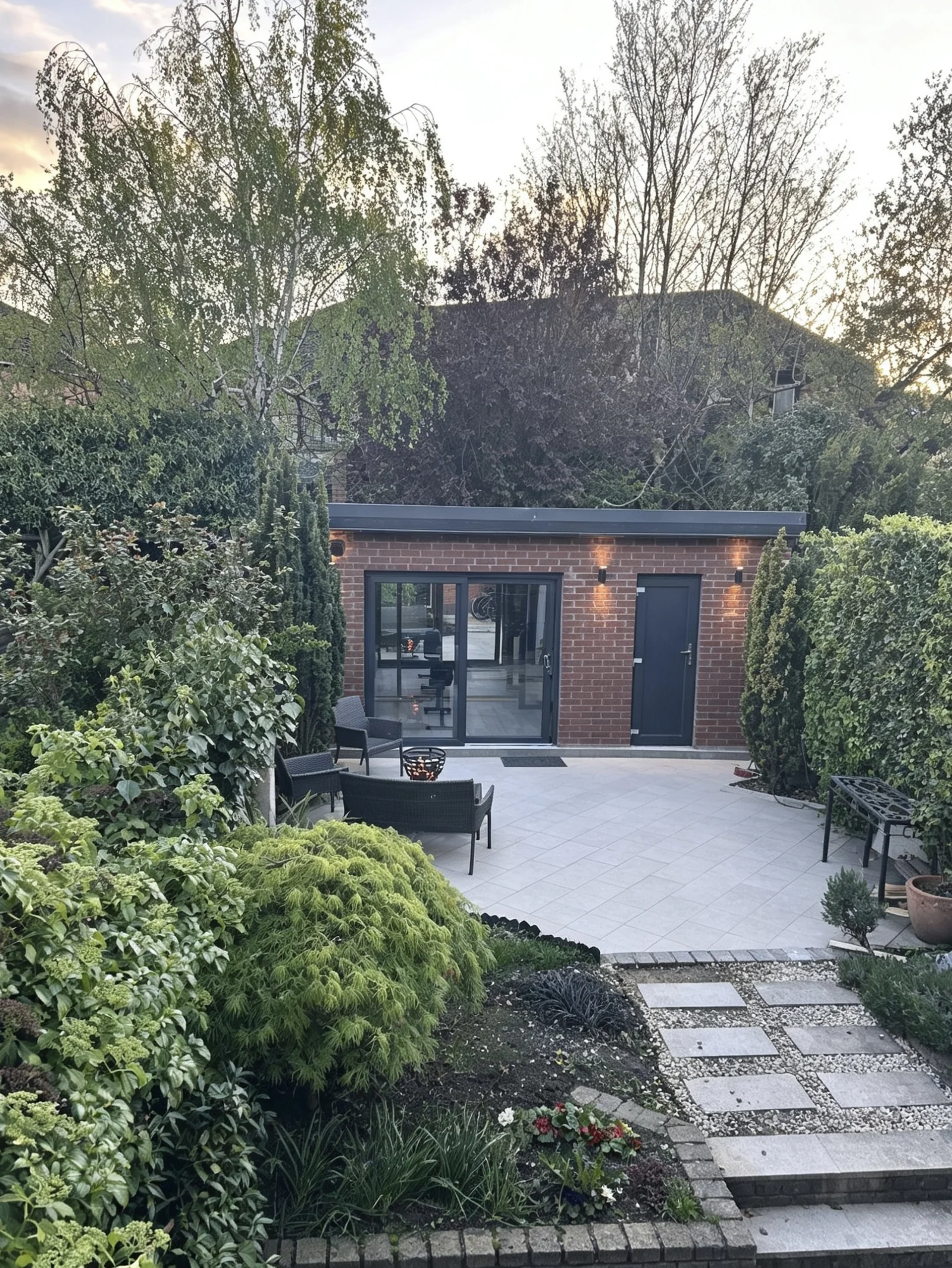 Garden room with landscaped patio and outdoor seating