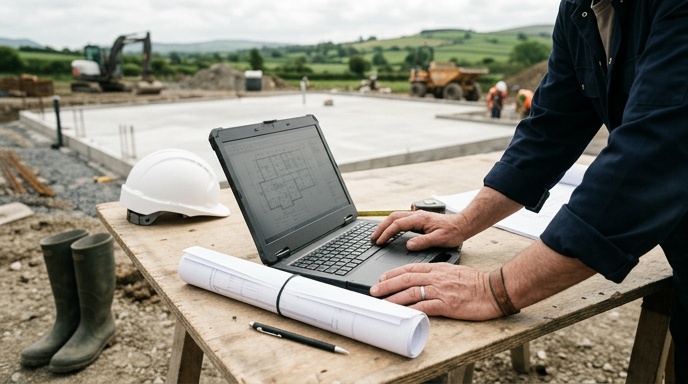 New build family home under construction on an Irish rural site with scaffolding and blockwork walls