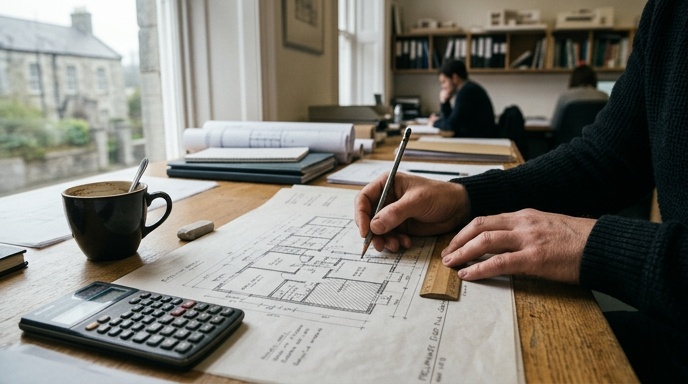 Architect and homeowner reviewing architectural drawings for an Irish home project