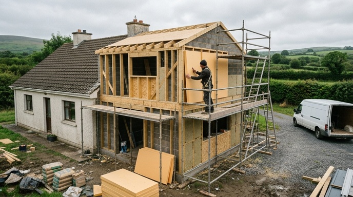 Contractors reviewing plans at a bungalow extension site in Ireland