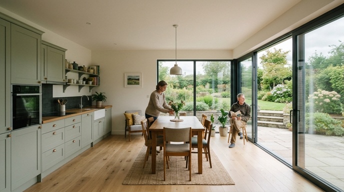 Modern rear extension on a traditional Irish bungalow with sliding doors