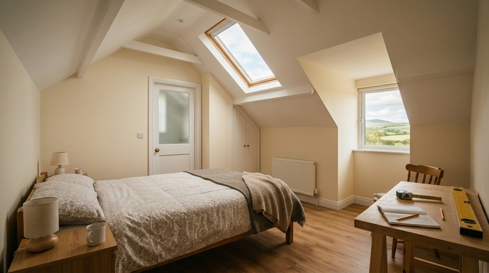 Attic conversion in progress showing insulation and new staircase