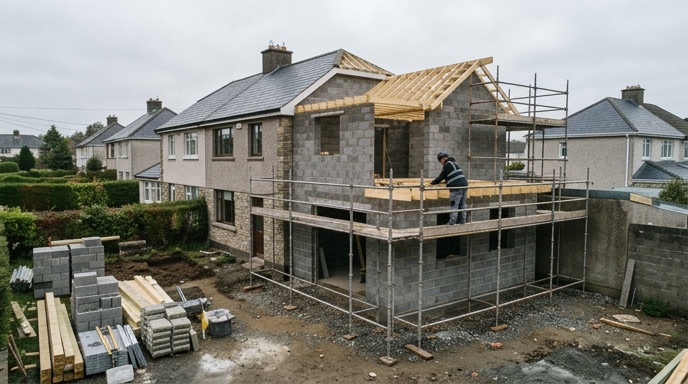 Completed double storey rear extension on an Irish suburban semi-detached home