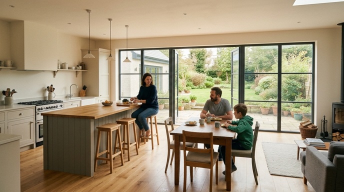 Architectural drawings and design meeting for a house extension in Ireland