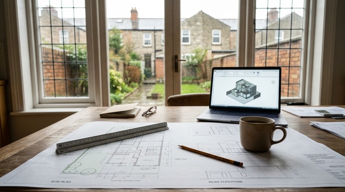 Partially built rear extension on an Irish terraced house showing steel beam and blockwork