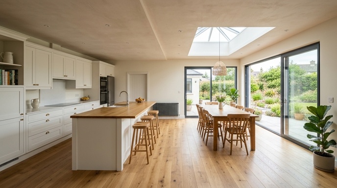 Architect and homeowner reviewing extension drawings and 3D model at a table