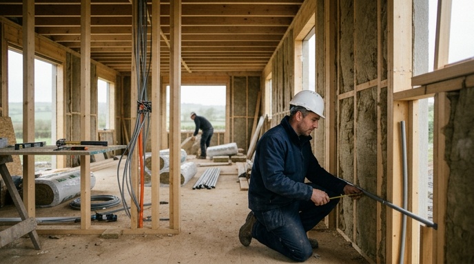 Architect drawings and laptop on a plywood table at an Irish construction site with foundation slab behind