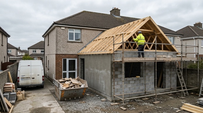 Modern single-storey rear extension on an Irish semi-detached home with sliding glass doors