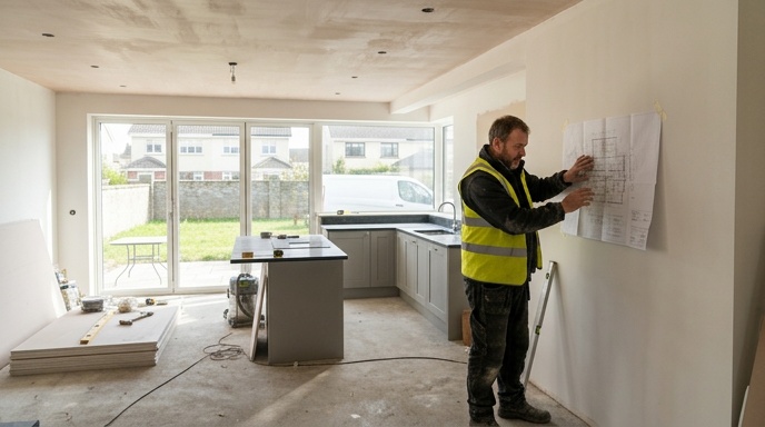 Compact rear extension on an Irish suburban home with simple roof