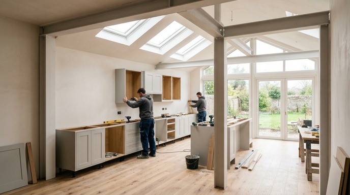 Modern single-storey rear extension on an Irish suburban home with sliding doors