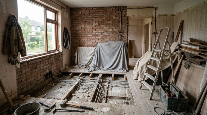 Irish semi-detached house undergoing a full renovation with scaffolding