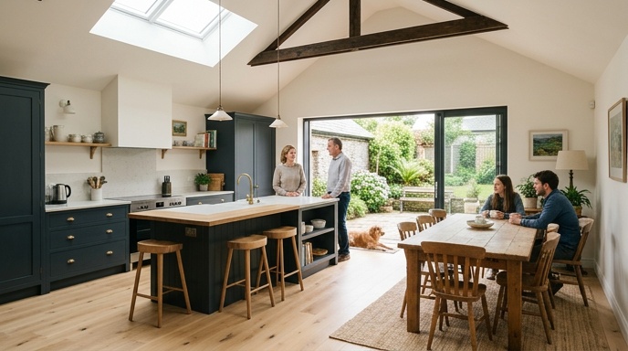 Homeowner and builder reviewing extension drawings and cost estimates at a kitchen table