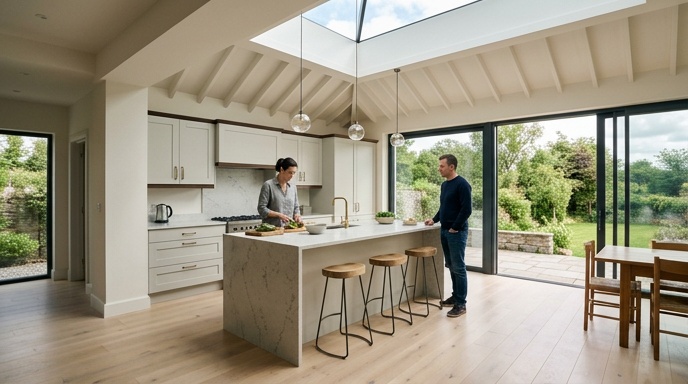 Modern rear kitchen extension with sliding doors on an Irish suburban home