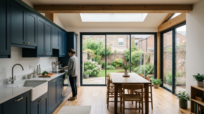 Architectural drawings and site plan for a house extension on a kitchen table