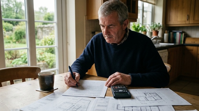 Homeowner and designer reviewing planning drawings outside an Irish semi-detached house