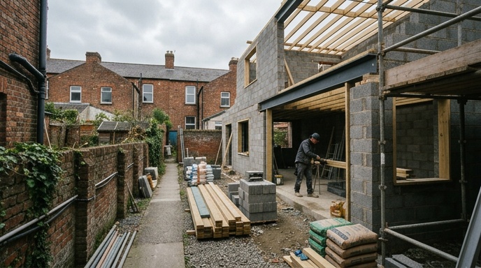 Completed rear extension on a red brick Dublin terraced house with sliding glass doors