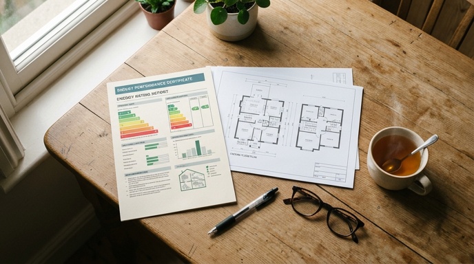 Assessor inspecting a domestic gas boiler and taking notes