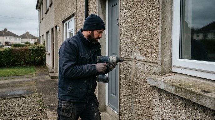 Installer rolling mineral wool insulation between joists in an Irish attic