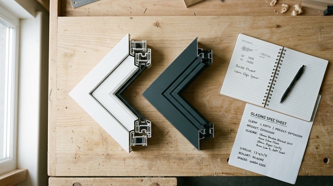 Close-up of a slim aluminium window frame corner with thermal break